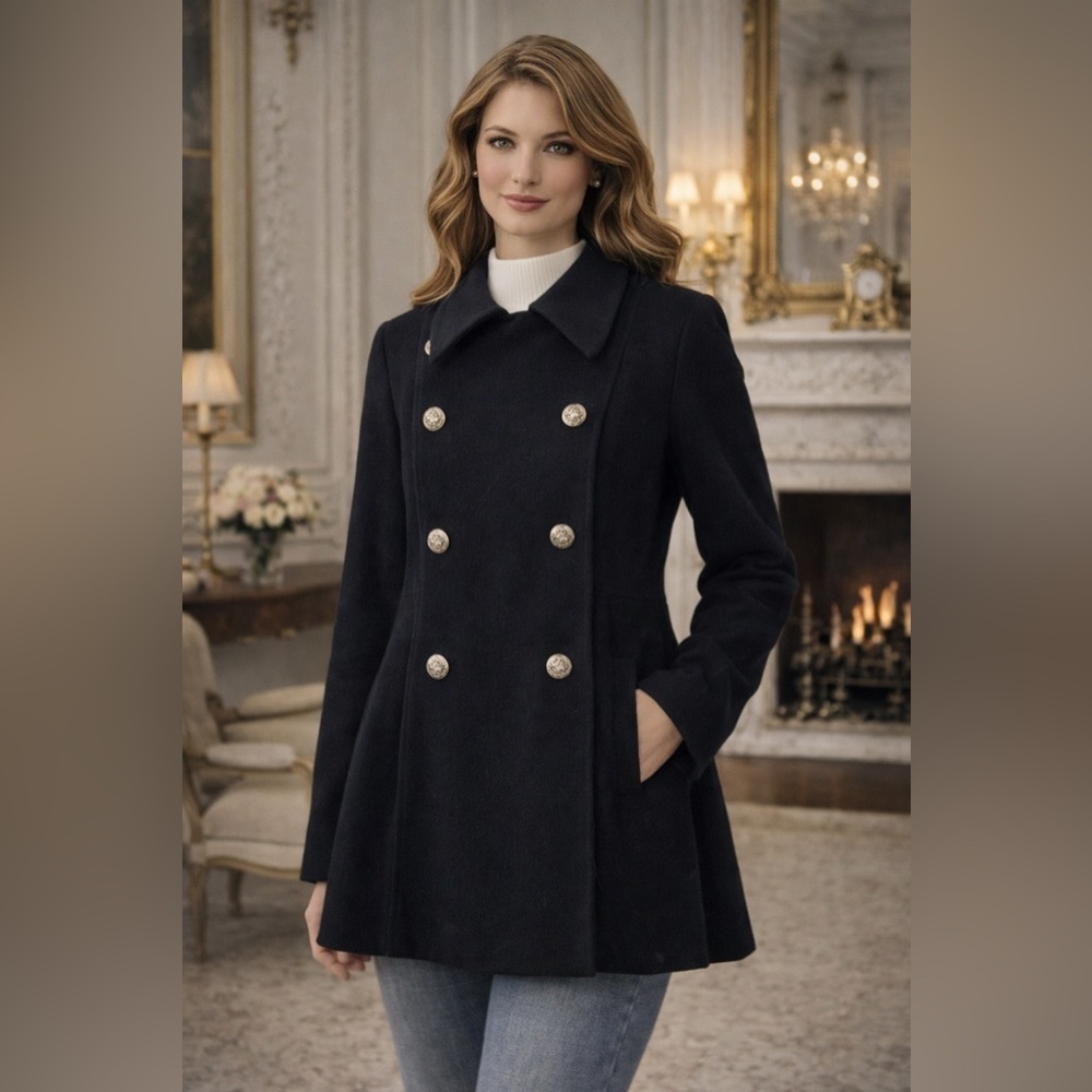 Perry Ellis Vintage Black Wool Military Peacoat USA Made Women’s 10 - Picture 17 of 17